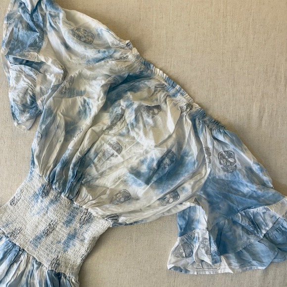 Surf Gypsy Blue White Tie Dye Skull Print Smocked Mini Dress Medium - Picture 9 of 10